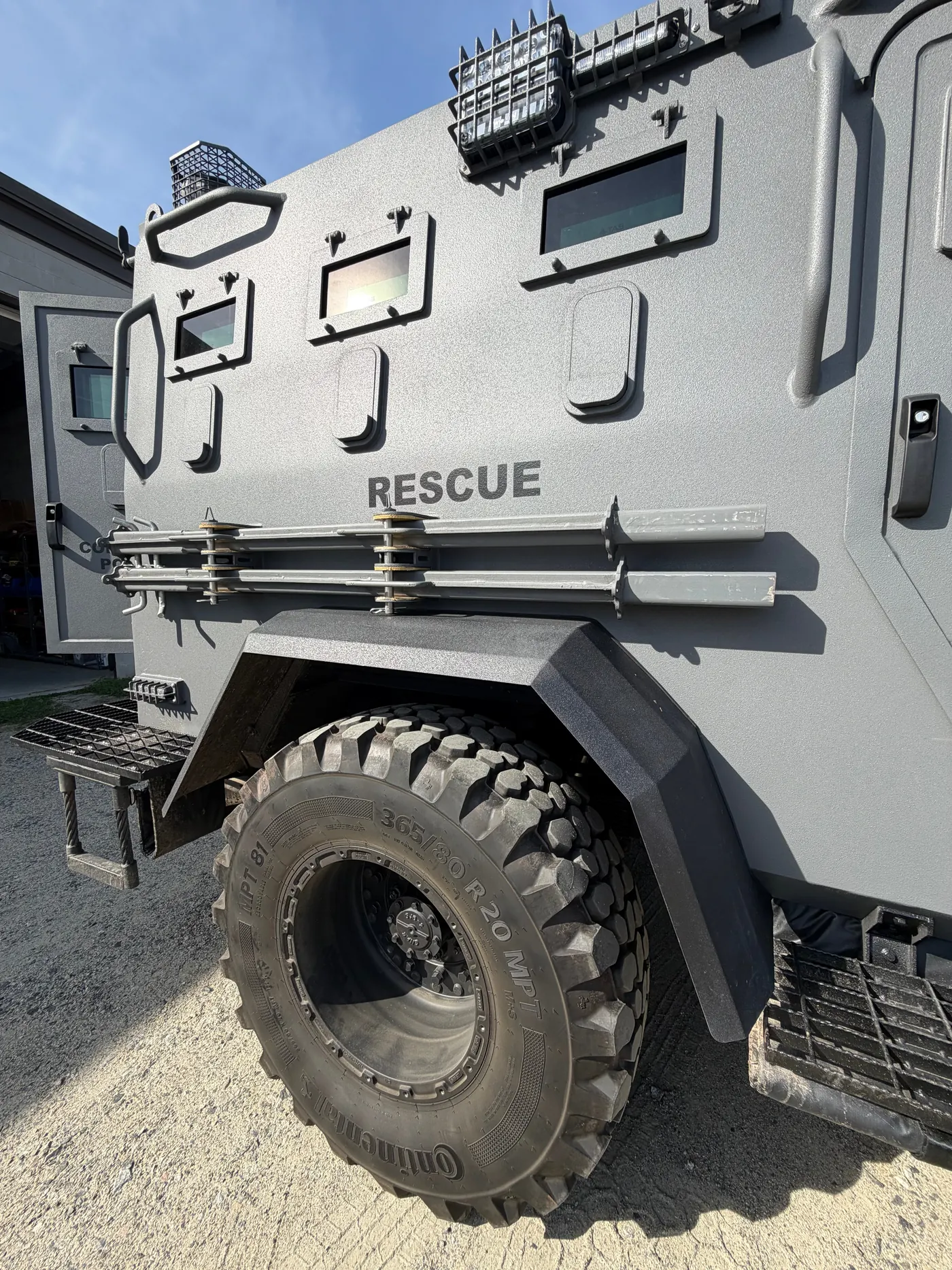 Side profile of the IAG Sentinel armored rescue vehicle
