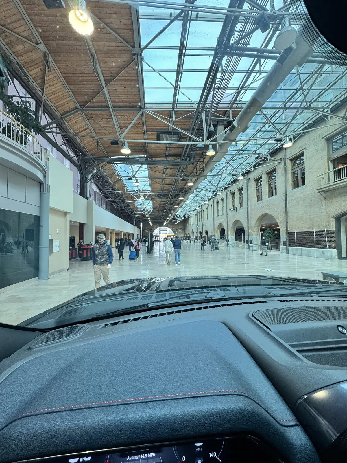 View from inside a truck cab looking into the glass-roofed Union Station hall at ILEETA 2026.