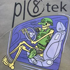 Pl8tek graphic tee print: skeleton in night vision driving with a holstered pistol
